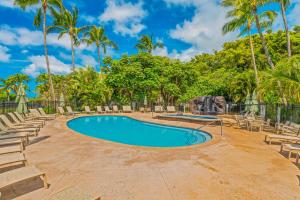 a swimming pool with chairs and palm trees at 1730 Kaleka 4 Bed Poipu House, Guest House walk to Beach in Koloa