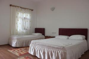 two beds in a room with white walls at Alibaba Pension in Cıralı