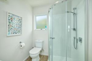 a bathroom with a toilet and a glass shower at Cosy Private Home in South Bay in Kaikoura +3 photos