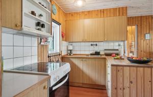 KolindにあるGorgeous Home In Kolind With Wifiの木製のキャビネットとコンロ付きオーブンを備えたキッチン