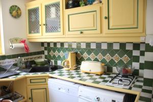 a kitchen with green and white tiles on the counter at Petit appartement - Quartier Vaugueux Château in Caen +1 photo