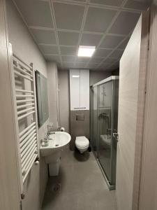 a bathroom with a toilet and a sink and a shower at Luxury Apartment in Aerodrom in Skopje