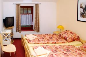 a bedroom with two beds and a tv and a window at Penzion-Apex in Kdyně