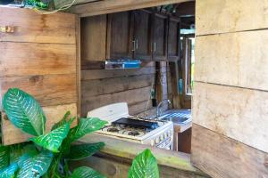 a kitchen with a stove and a counter with plants at Las Cabañitas de El Escondite in San Salvador