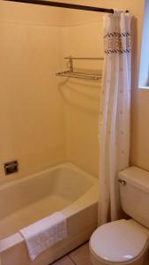 a bathroom with a tub and a toilet and a shower curtain at Grays Harbor Inn & Suites in Aberdeen