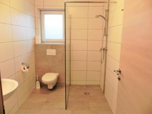 a bathroom with a shower and a toilet and a sink at Stockers Apart in Umhausen +21 photos