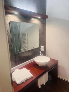 a bathroom with a sink and a mirror at Pension am Pollingpark Haus II in Dessau +73 photos