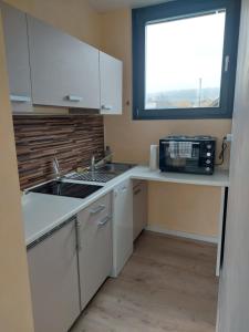 a kitchen with a sink and a microwave at Tolle Penthouse Wohnung direkt am Park in Heilbronn +17 photos