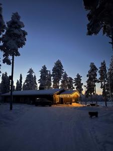 a house in the snow with a cat in front of it at Visanto Lodge in Muonio