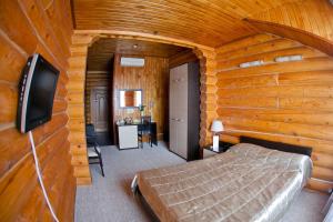 1 dormitorio con 1 cama y TV en una habitación en Belka-Hotel, en Yuzhno-Sakhalinsk