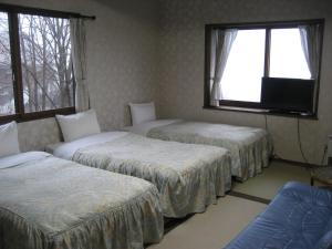 飯山市にあるペンション ピュアのテレビと窓のある部屋にベッドが3つあります