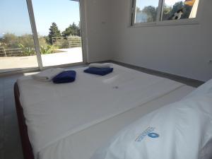 Cette chambre dispose d'une fenêtre et d'un lit avec des oreillers bleus. dans l'établissement Louloudi Hills Villa 3, à Koskinou
