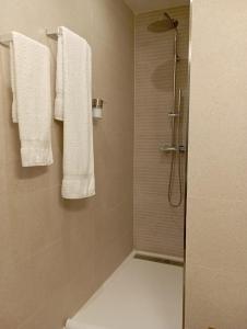a bathroom with a shower with white towels and a toilet at Apartamentos Vior y Valdés in Cudillero +25 photos