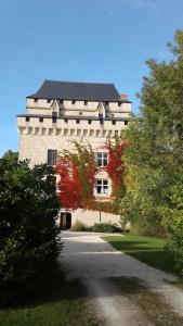 a large building with red flowers in front of it at Château Tour du XIII siècle Gazaupouy in Gazaupouy