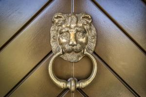 a gold door with a lion head on it at Elbvilla Pirna mit Sauna und Kamin mit privatem Zugang zur Elbe in Pirna +39 photos