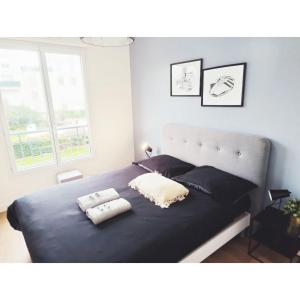 a bedroom with a bed with two pillows on it at Appartement Megara in Montévrain