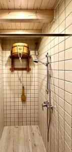 a bathroom with a shower stall with a tub at Leniwa Kolonia in Sarnaki