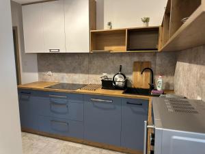 a kitchen with blue cabinets and a sink at PrzyStań S7 in Smroków