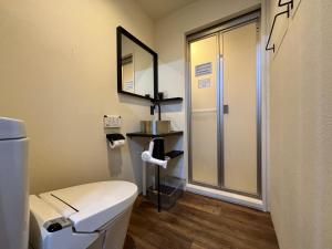 ein kleines Bad mit einem WC und einem Spiegel in der Unterkunft THE BEDROOM Daimyo in Fukuoka + 6 Fotos