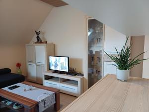 a living room with a tv and a table at Ferienwohnung Seitert in Merzig
