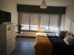 a bedroom with a bed and a tv and windows at SunHouse Alojamentos in Senhora da Hora