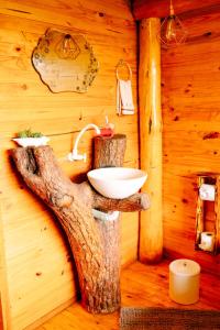 a bathroom with a sink in a log wall at Chalés Recanto do Vale - GRALHA AZUL in Bom Jardim da Serra