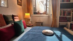 una camera da letto con un letto con una coperta blu e una finestra di LINZ CITY CENTER - Historisches Apartment & Refugium a Linz