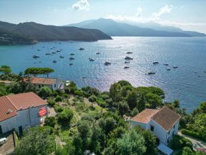 an aerial view of a bay with boats in the water at La Terrazza sul Forno - Goelba in Portoferraio