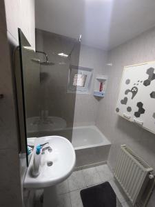 a bathroom with a sink and a toilet and a shower at Noua Apartment in Braşov +18 photos