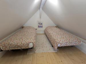 two beds in a small room in a attic at Cabane bleue des Hortillonnages in Amiens