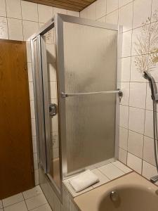 una doccia con una porta in vetro in un bagno di Restaurant Pizzeria & Fremdenzimmer Laquila zum Adler a Salach