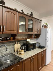 a kitchen with wooden cabinets and a sink and a refrigerator at Mtskheta Apartment 158 in Mtskheta