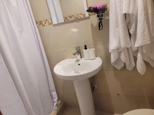 a bathroom with a white sink and a shower at small apartment in Santo Domingo