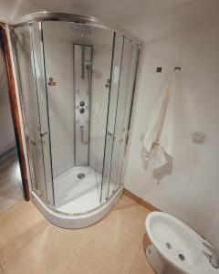 eine Dusche in einem Badezimmer mit Toilette und Waschbecken in der Unterkunft Desert Camp in Fiambala