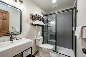 奥克兰Cove Creek Lodge 215 Standard Double Queen Room的浴室里有马桶、洗手池和淋浴。