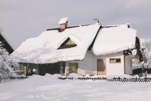 una casa cubierta de nieve con techo en Apartments Sasha, en Bled