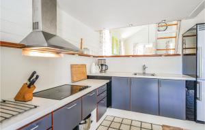 a kitchen with blue cabinets and a sink at Cozy Home In Ebeltoft With Sauna in Ebeltoft
