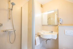 ein Bad mit einer Dusche und einem Waschbecken in der Unterkunft Hotel Steineweiher in Sankt Vith