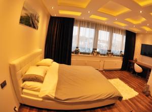 شقة لوباكوفا في براغ: غرفة نوم مع سرير أبيض كبير أمام نافذة