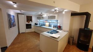 a large kitchen with a counter in a room at Wohnen im Denkmal in Niederbrechen