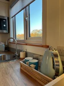 梅奈布里奇Cybi, Modern Shepherds Hut with Games Room Access的厨房配有水槽、台面和茶壶