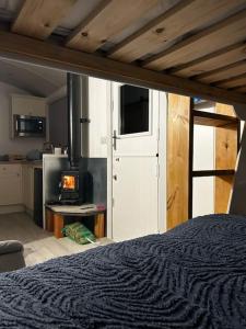 梅奈布里奇Cybi, Modern Shepherds Hut with Games Room Access的一间卧室配有一张床和炉灶。