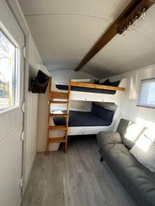 梅奈布里奇Cybi, Modern Shepherds Hut with Games Room Access的一间小房间,配有沙发和双层床