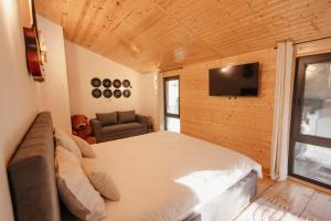 a bedroom with a bed and a couch and a television at Cabana Rapsodia in Dejani