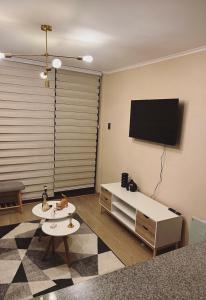a living room with a flat screen tv on a wall at Costanera playa in Villarrica