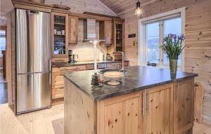 a kitchen with a large island in a wooden kitchen at Nice Home In Veggli With Wifi in Veggli