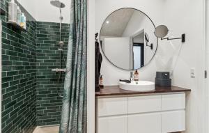 a bathroom with a sink and a mirror at 3 Bedroom Nice Home In Fårevejle in Fårevejle +16 photos