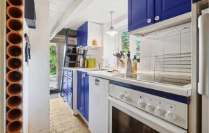 a kitchen with blue cabinets and white appliances at 3 Bedroom Gorgeous Home In Nexø in Neksø