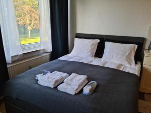a bed with towels on it with a window at Bayer Apartments Copenhagen in Rødovre