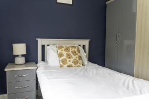 a blue bedroom with a bed with a pillow on it at Raploch House in Larkhall